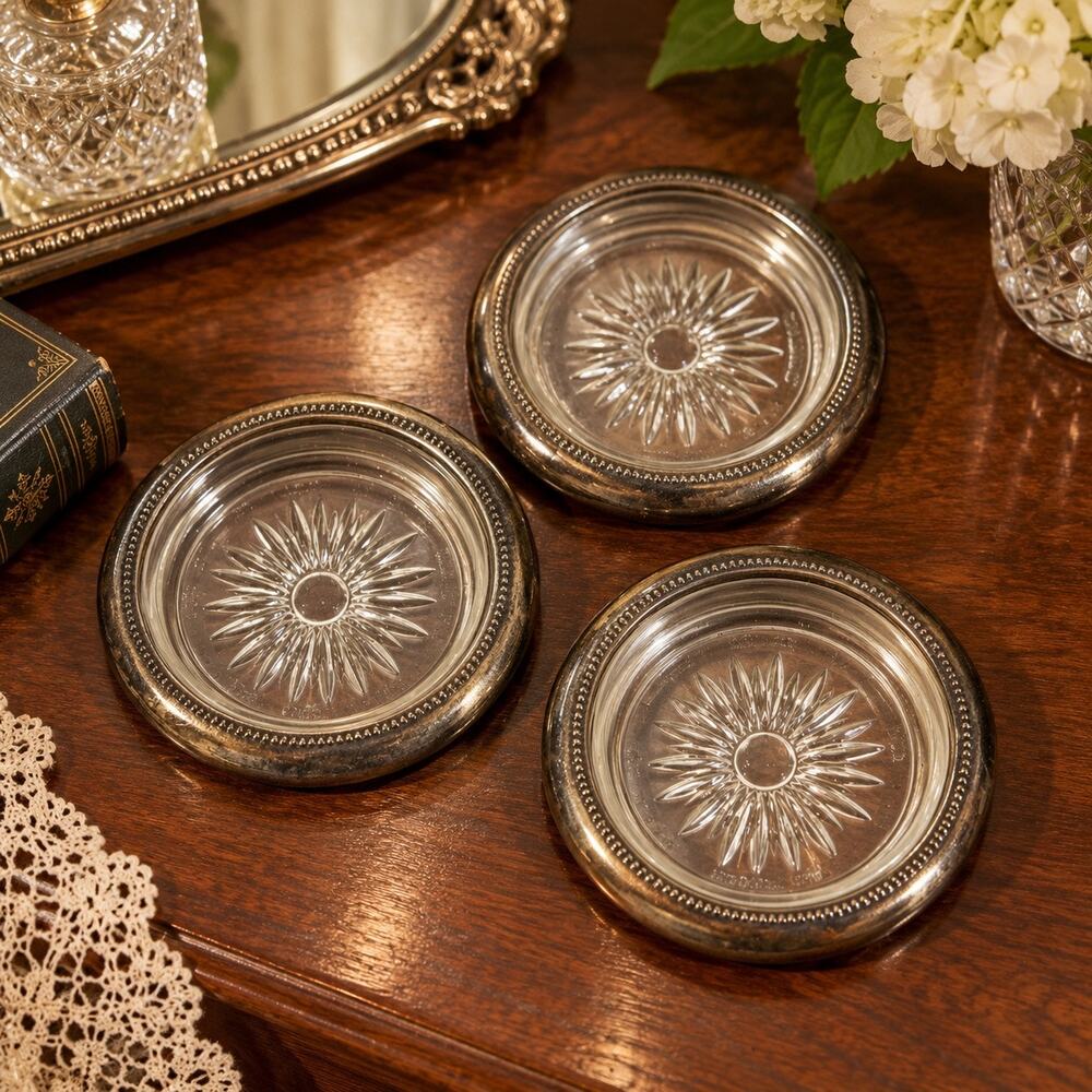 Vintage Silver and Crystal Starburst Made In Italy Stacking Coaster Set